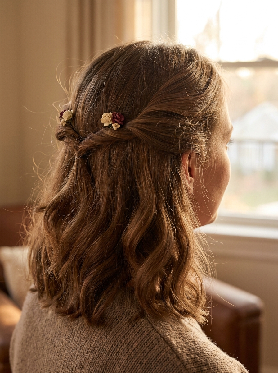 Half-Up Twist mit kleinen Blumen als Dirndlfrisuren Inspiration 2026